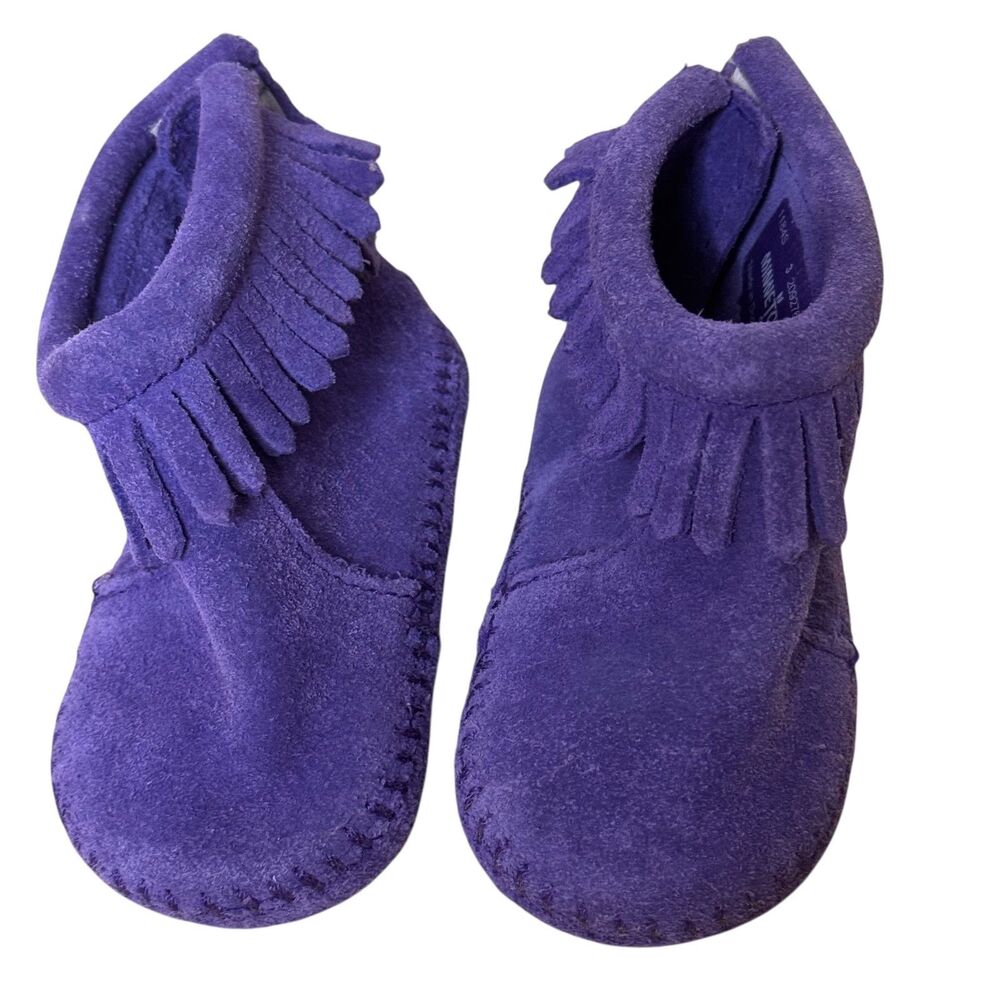 Minnetonka Infant Suede Fringe Moccasins Booties Shoes Girl Purple 3